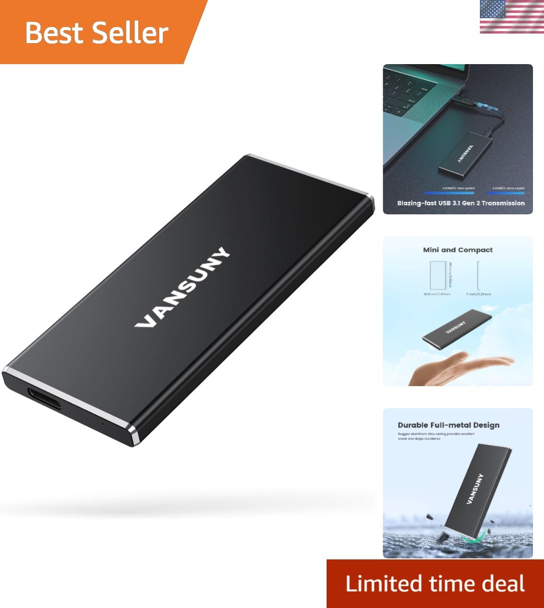 1TB Portable External SSD, USB 3.1 Gen2 500MB/s High-Speed Data Transfer, Met...