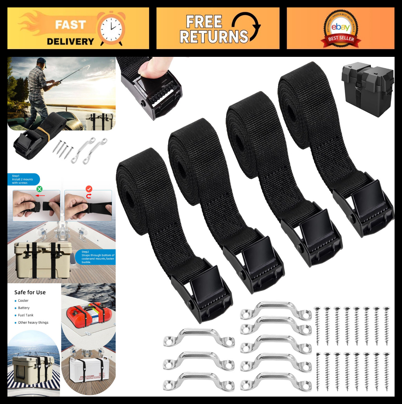 6.5ft Battery Hold Down Straps with Cam Buckle, Stainless Steel Bracket - 4 PCS