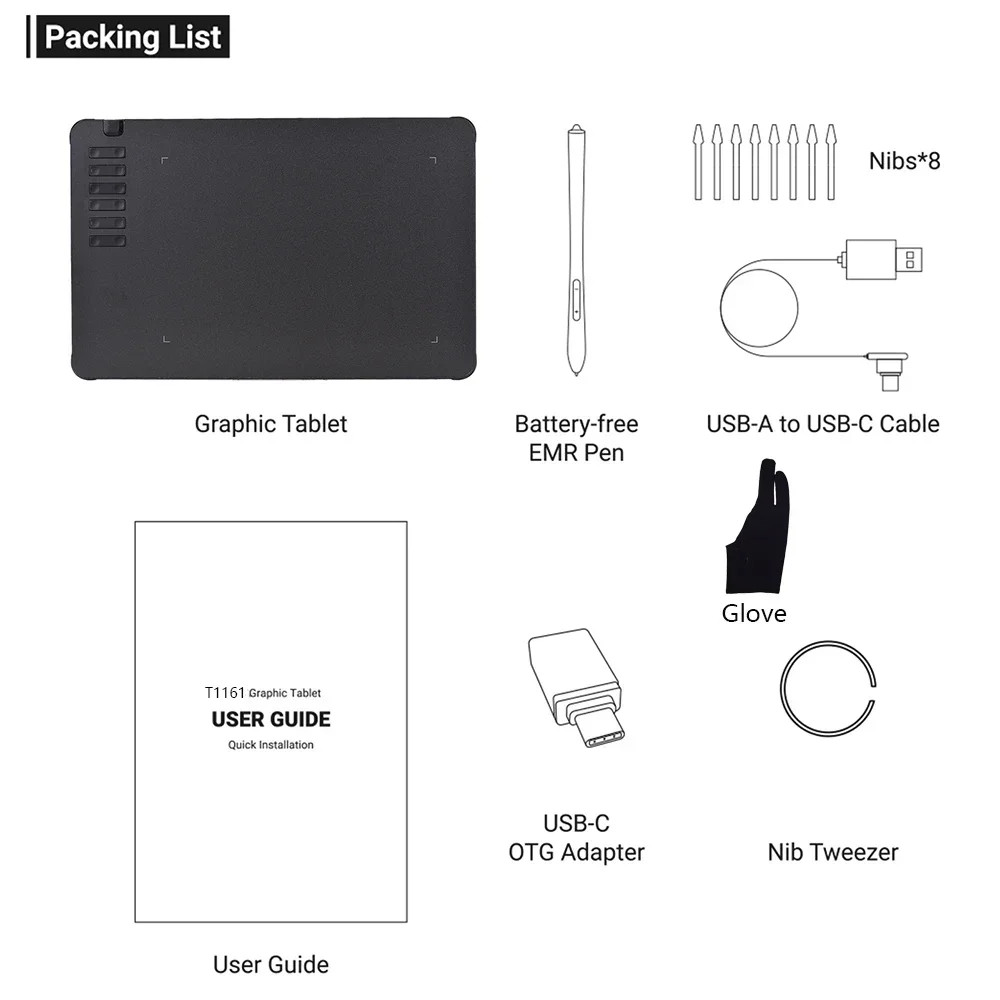 TABLIKE Graphics Drawing Tablet 8192 Levels Battery-Free Stylus 8 Nibs USB-C