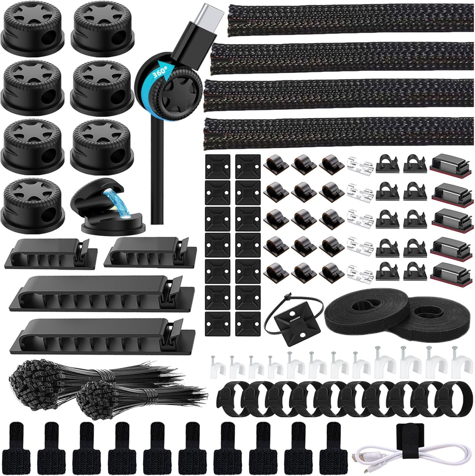 Cable Management Kit 328Pcs Magnetic Cable Holders Zip Ties Sleeves Clips Mounts