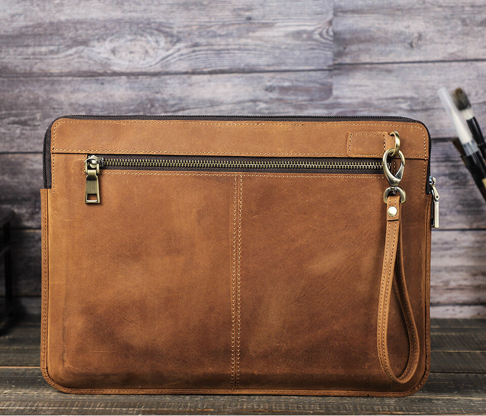 Genuine Leather 14.2 inch Laptop Bag With Removable Hand Strap MacBook Pro 14
