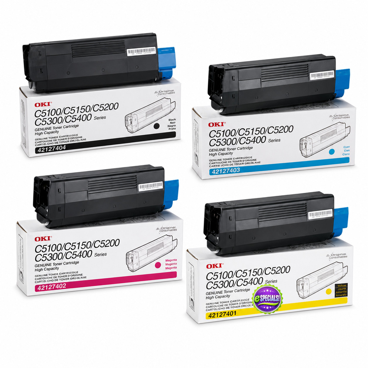 Genuine OkiData 42127401, 42127402, 42127403, 42127404 Toner Set We Ship Fast