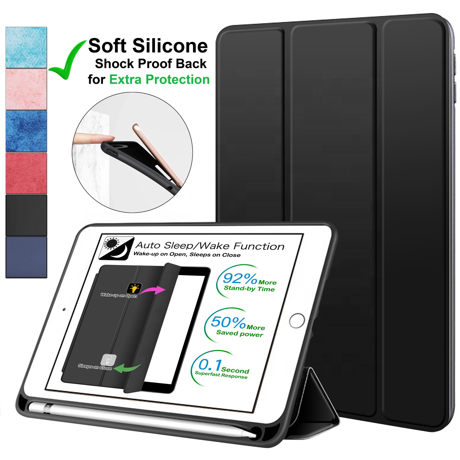 DuraSafe Case iPad 9.7 , 10.2 , Pro 10.5 / 11, Mini 5 7.9 Pencil Holder -Black +