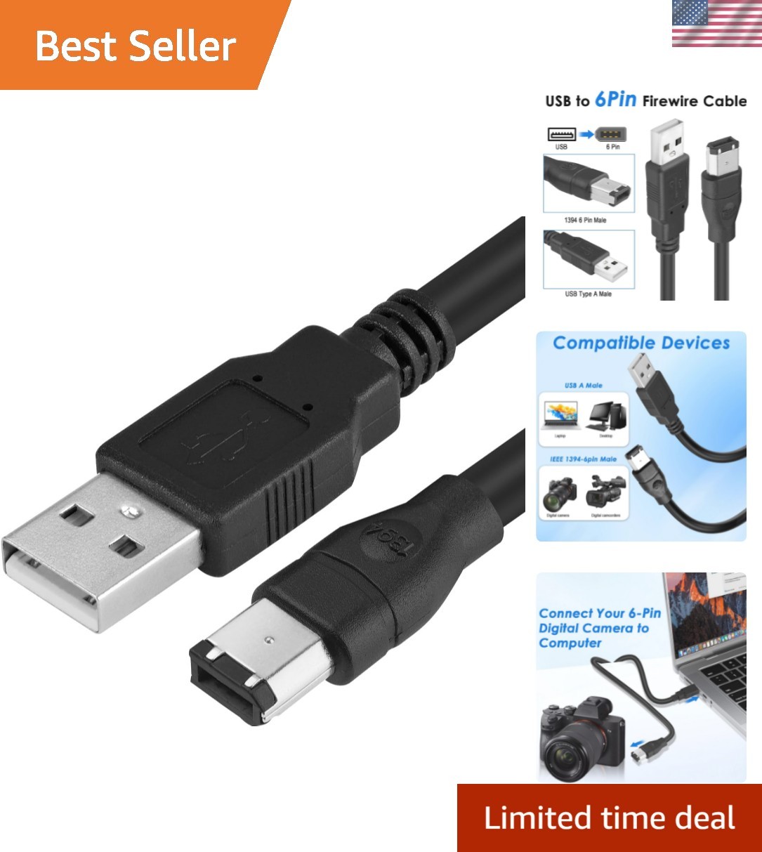 6ft FireWire 400 to USB 2.0 Data Cord | Easy Plug-and-Play Solution
