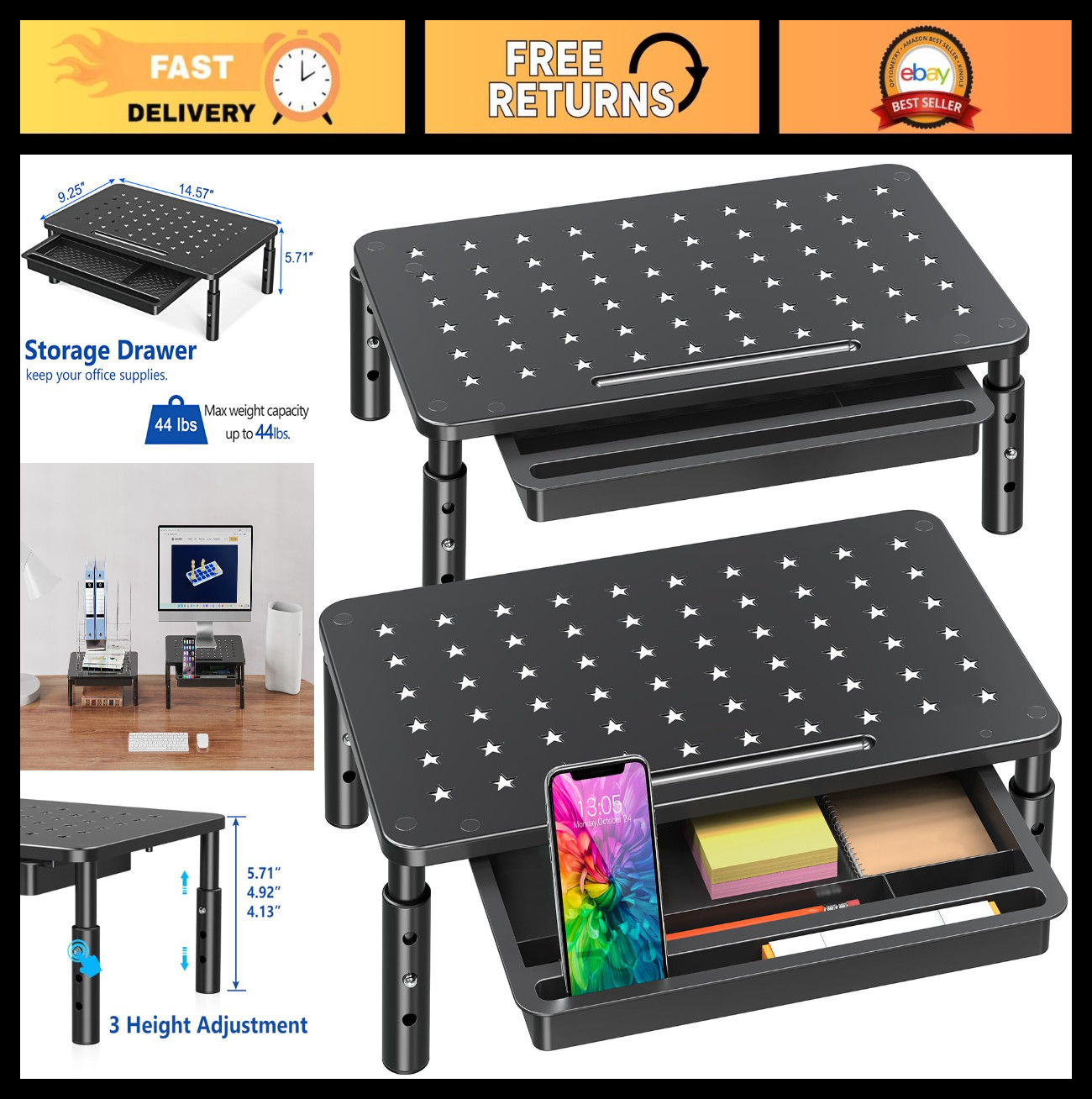 2 Pack Monitor Stand Riser with Drawer, 3 Height Adjustable