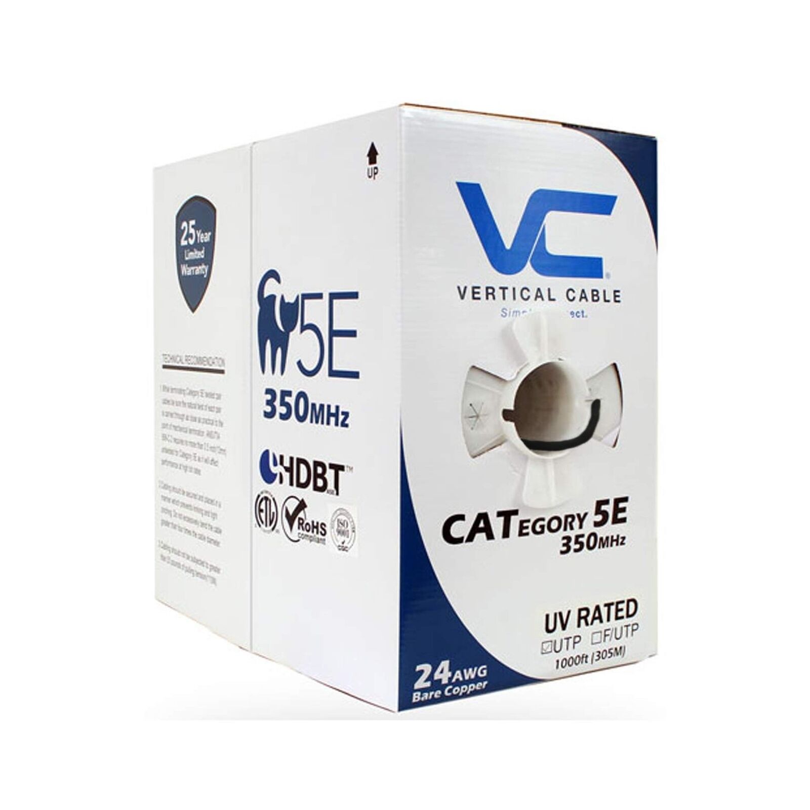 Vertical Cable Cat5e, 350 Mhz, UTP, UV Jacket, Outdoor, CMX, 1000ft, Bulk Eth...