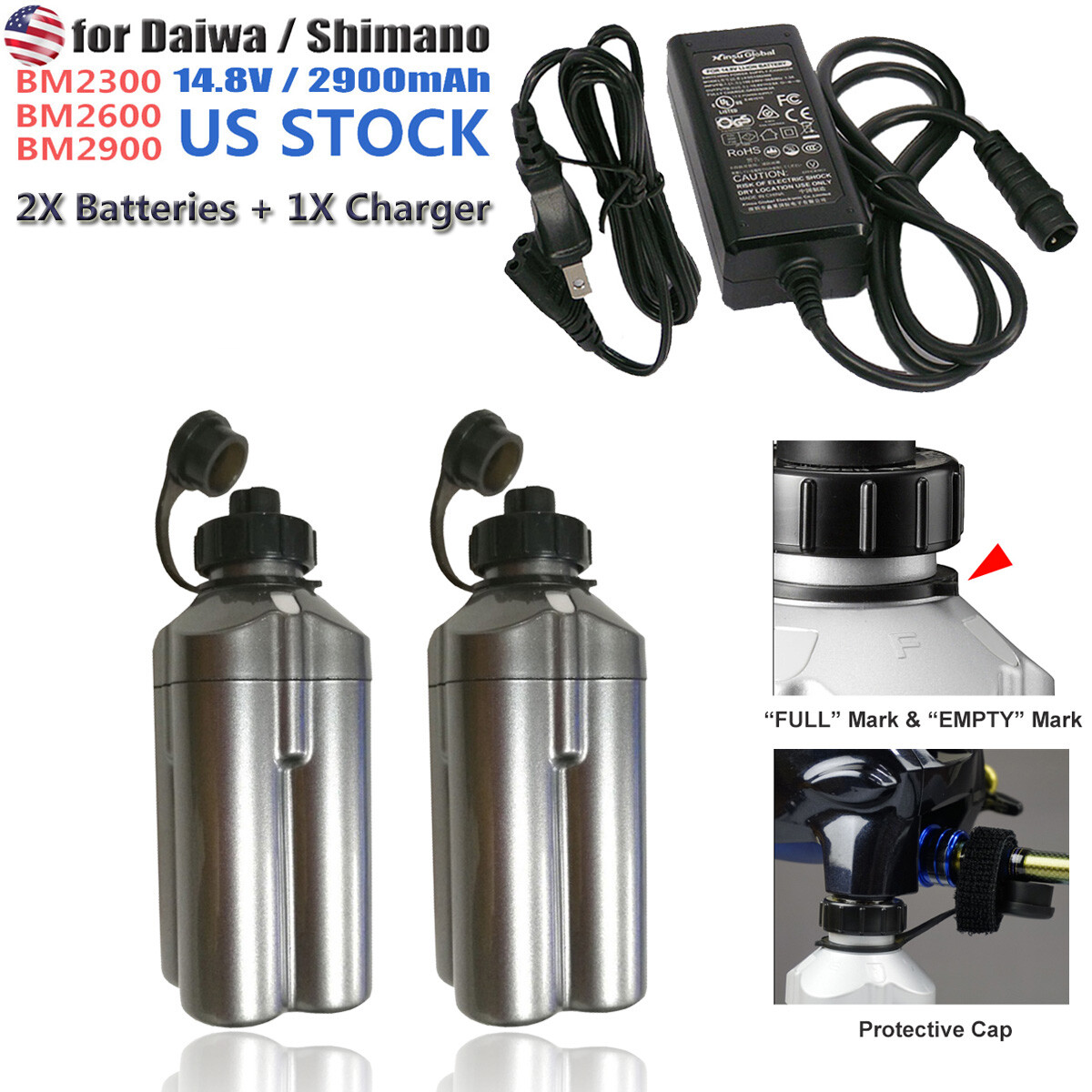 2Pcs for Daiwa Electric Reel Battery Tanacom 750 BM2300 BM2600 BM2900 + Charger 