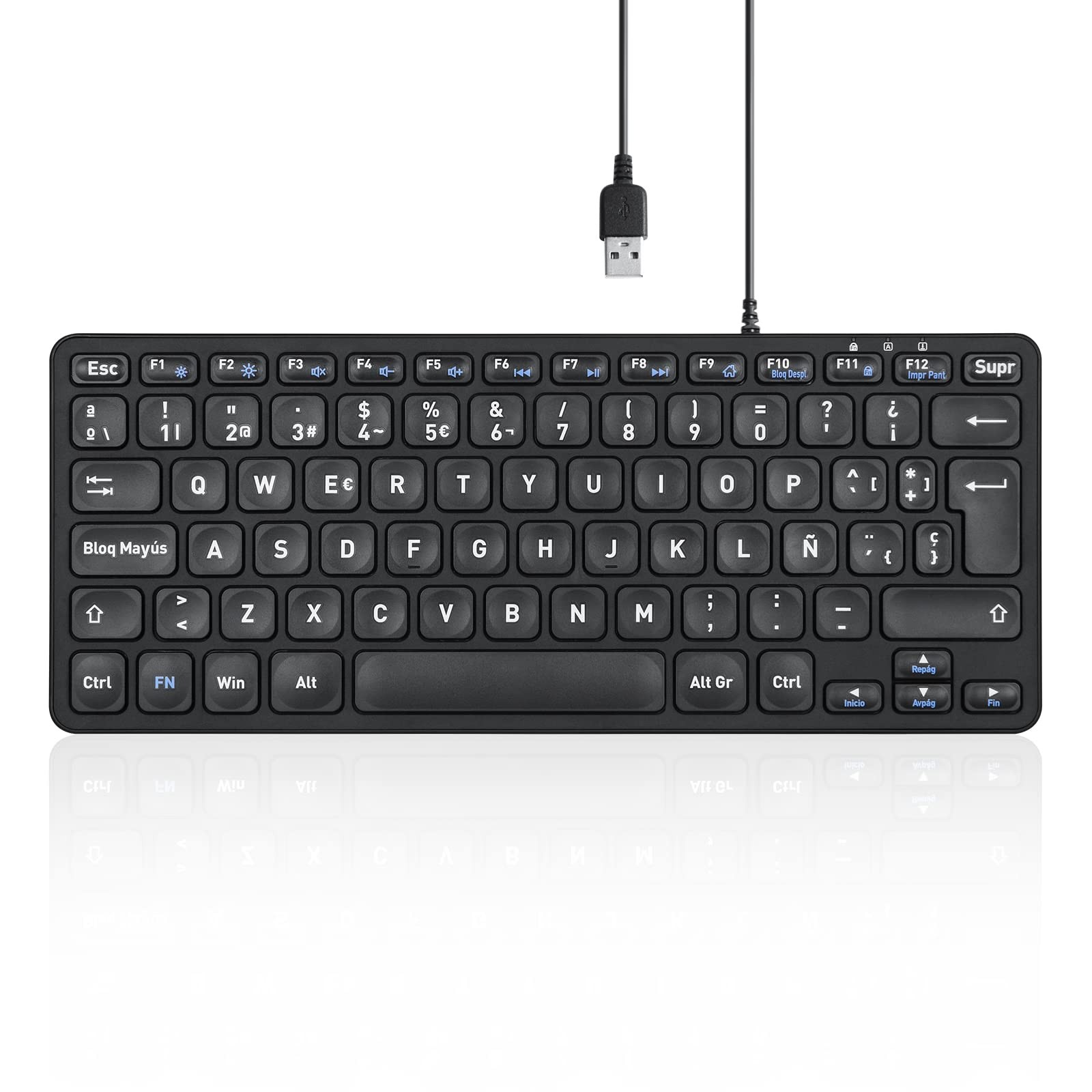 PERIBOARD432 Spanish QWERTY Mini USB Keyboard Scissor Keys Large Print
