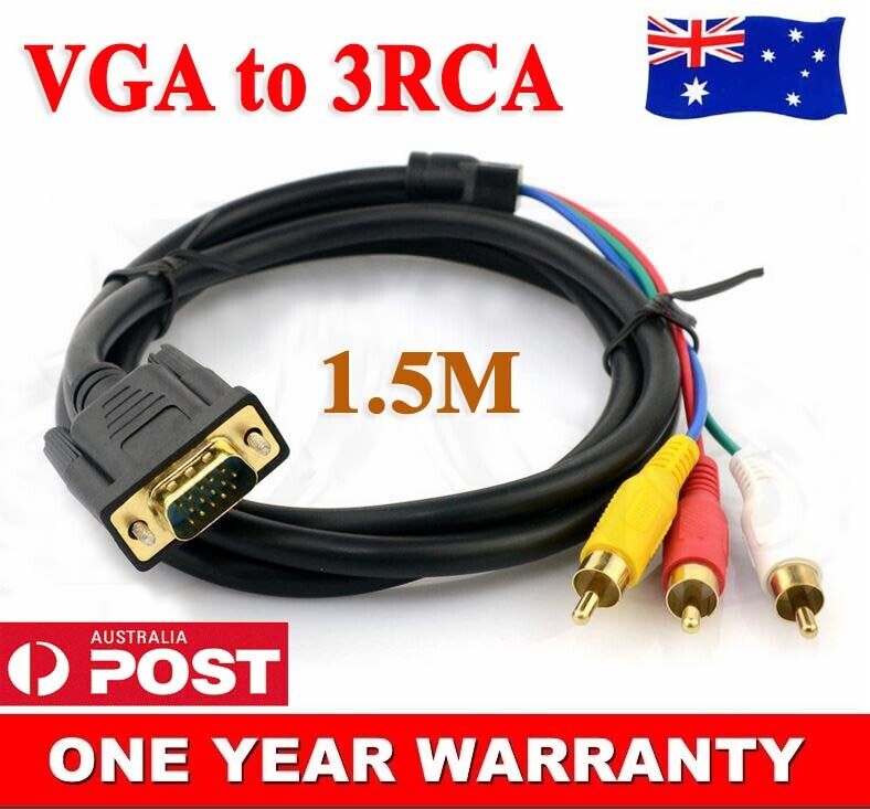 VGA HD15 to 3 RCA 3RCA RGB Component Video Cable PC Lead TV Cord 1.5M 5ft OZ AU