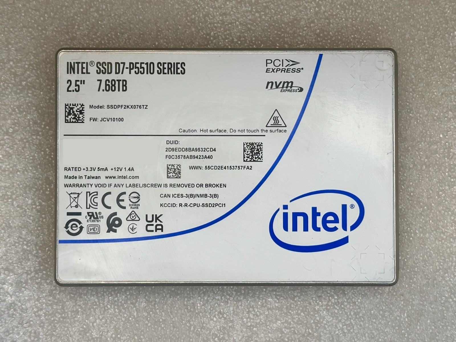 96-100% Health Intel D7-P5510 7.68TB U.2 NVMe PCIe 4.0 2.5in Data Center SSD