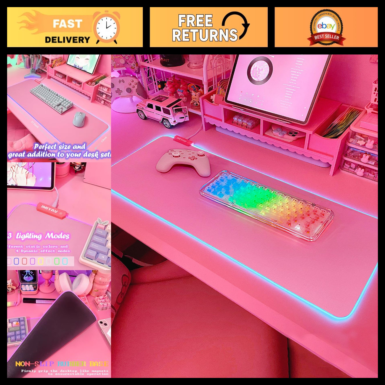 XL Pink RGB Gaming Mouse Pad 31.5x12 Inch - LED Light Up, Non-Slip Rubber Base,