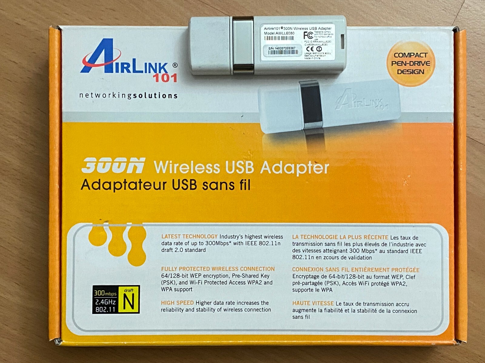 Airlink101 AWLL6080 300N Wireless USB Adapter WiFi LAN 2.4GHz 300Mbps WPA-PSK