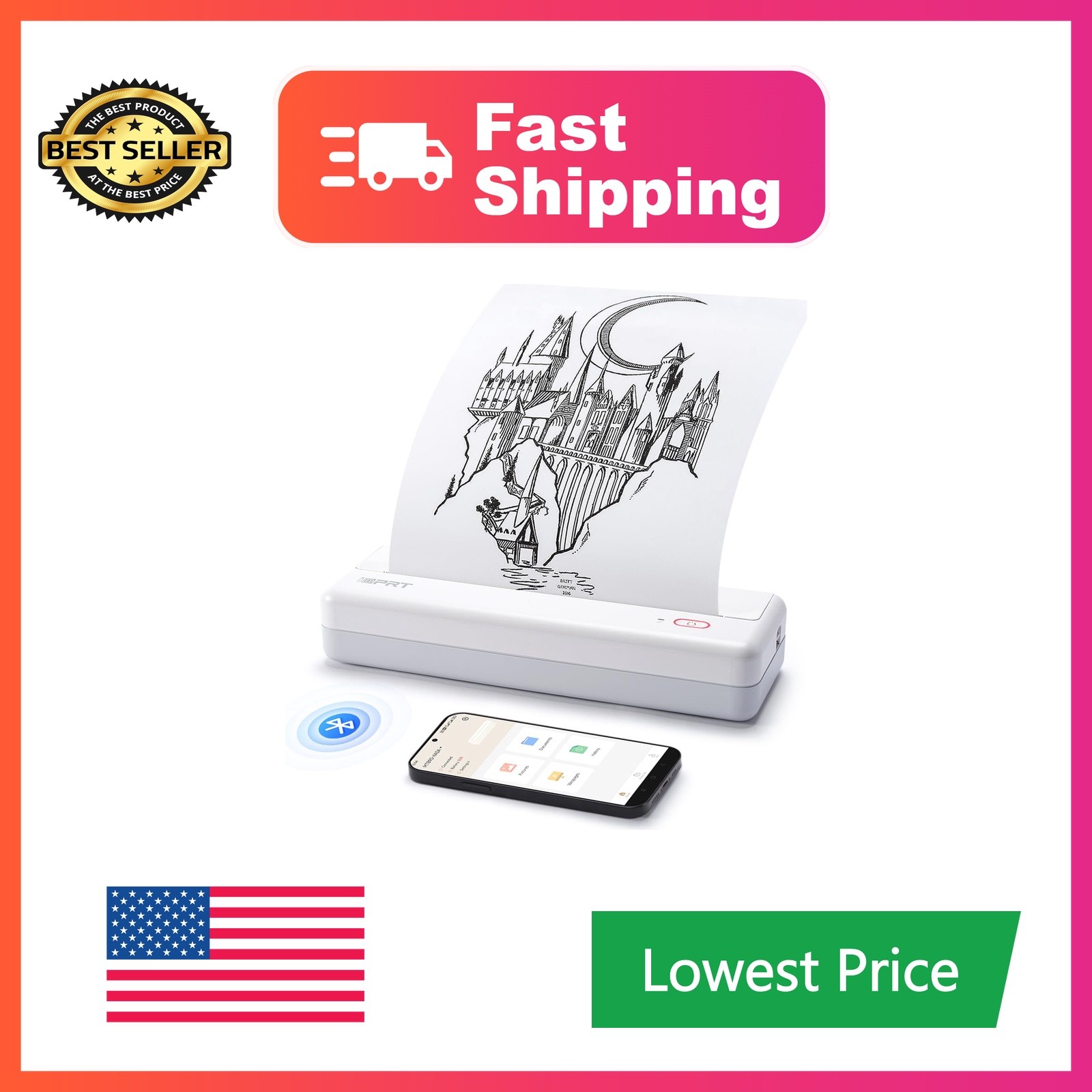 iDPRT Portable Thermal Printer White Printer and 10 Sheets