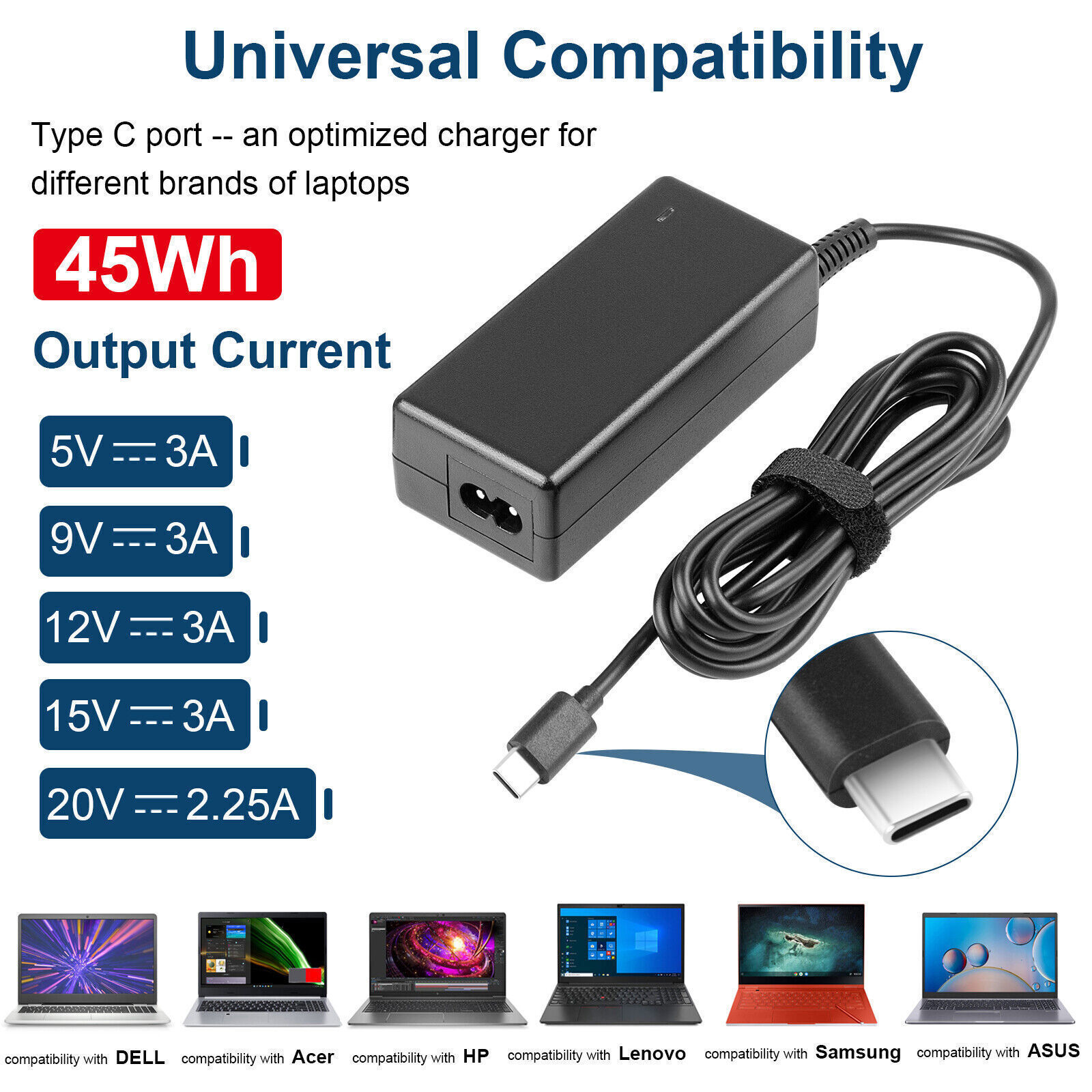 45/65W/90W USB C Charger Laptop Power Adapter for Dell Lenovo Chromebook MacBook