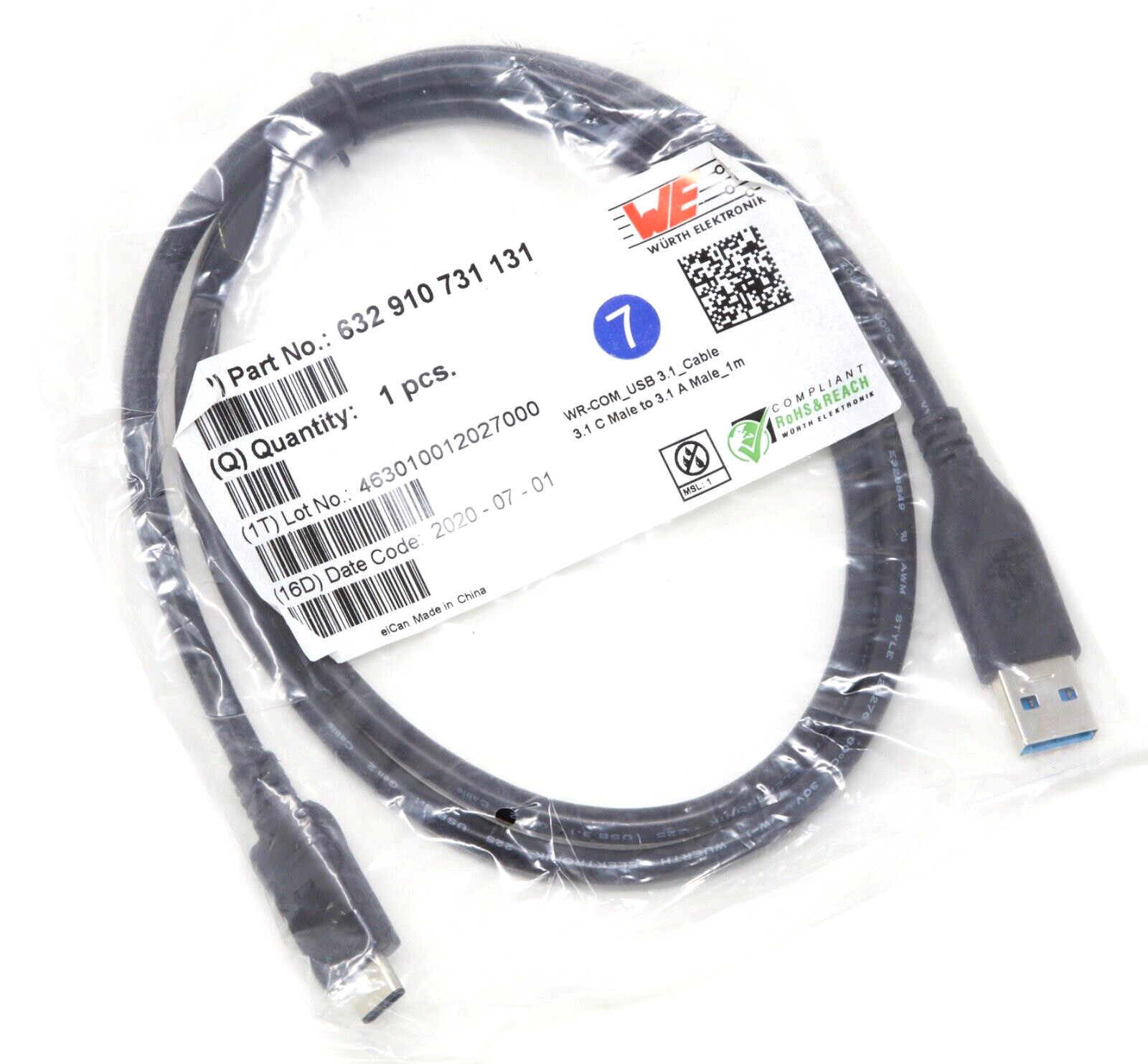 BRAND NEW Wurth USB 3.1 1-Meter USB-C Male to A Male Cable Black