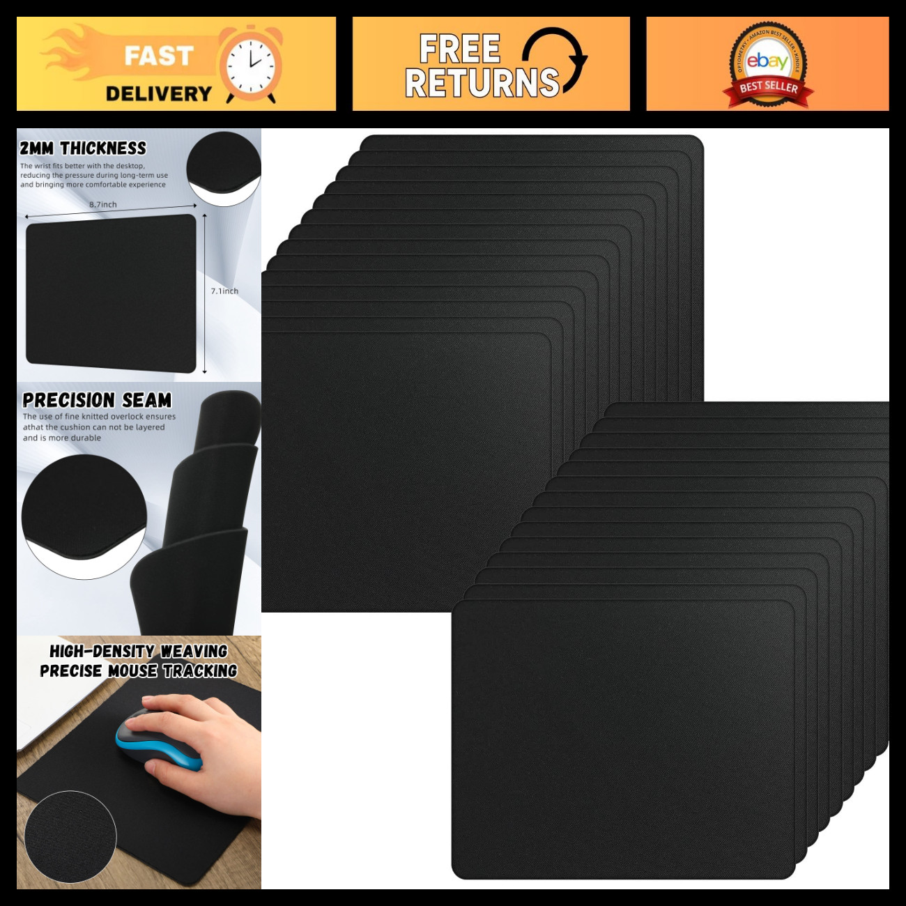 50 Pack Bulk Mouse Pads, 7.09"x8.66", Black Non-Slip Gaming Desk Mat