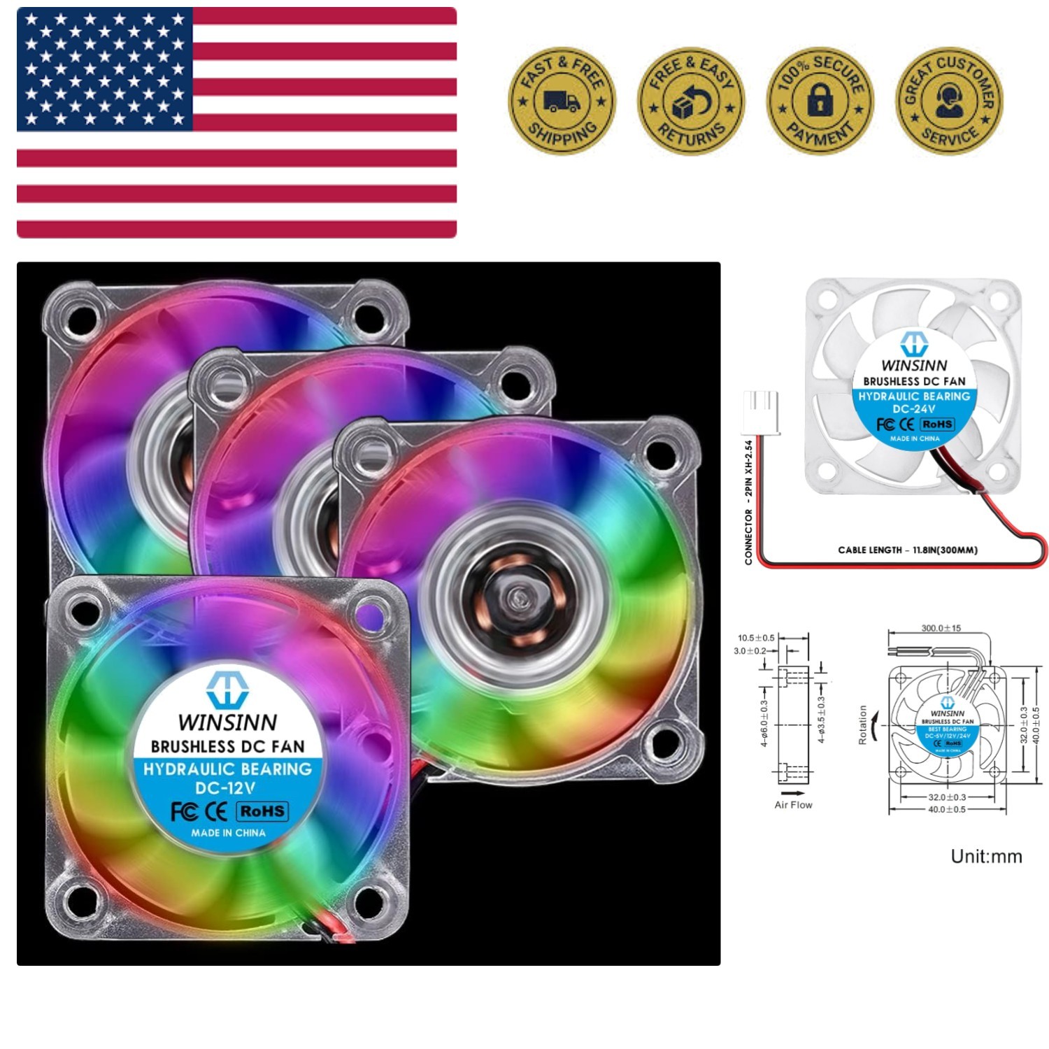 40mm RGB Fan 12V, LED Colorful 3D Printer Micro 12 Volt Fans 4010 Hydraulic B...