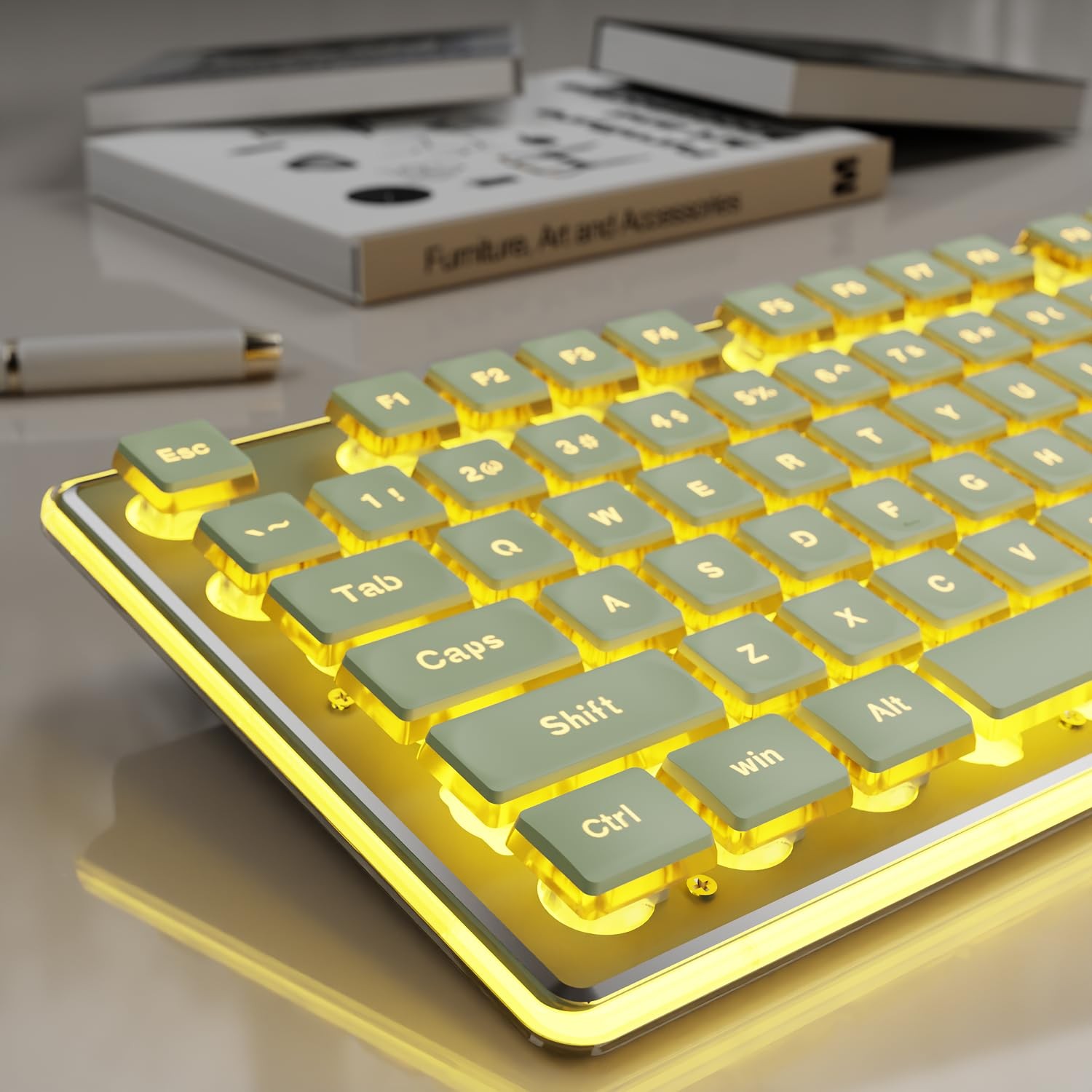 EWEADN GX710S Backlit Computer Keyboard Wired USB Metal Panel Pudding Green