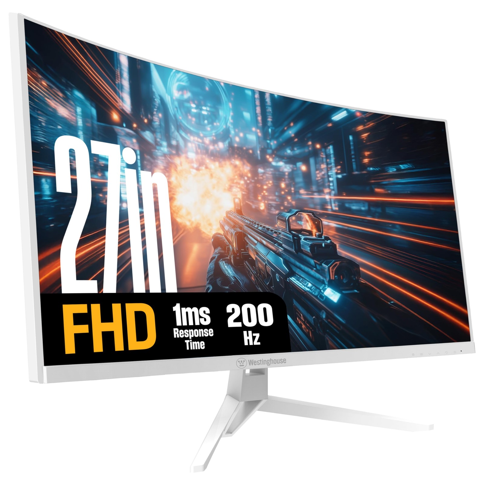 Westinghouse 27 Inch Curved Gaming Monitor, 200Hz, 1ms, 27 Inch, White, White