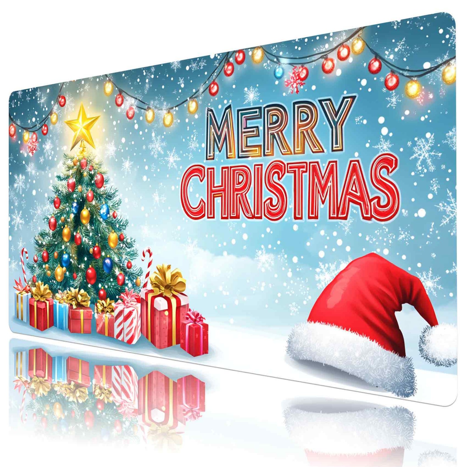 White Snowflake Green Christmas Tree Desk Mat for Keyboard and Mouse Desk Pad