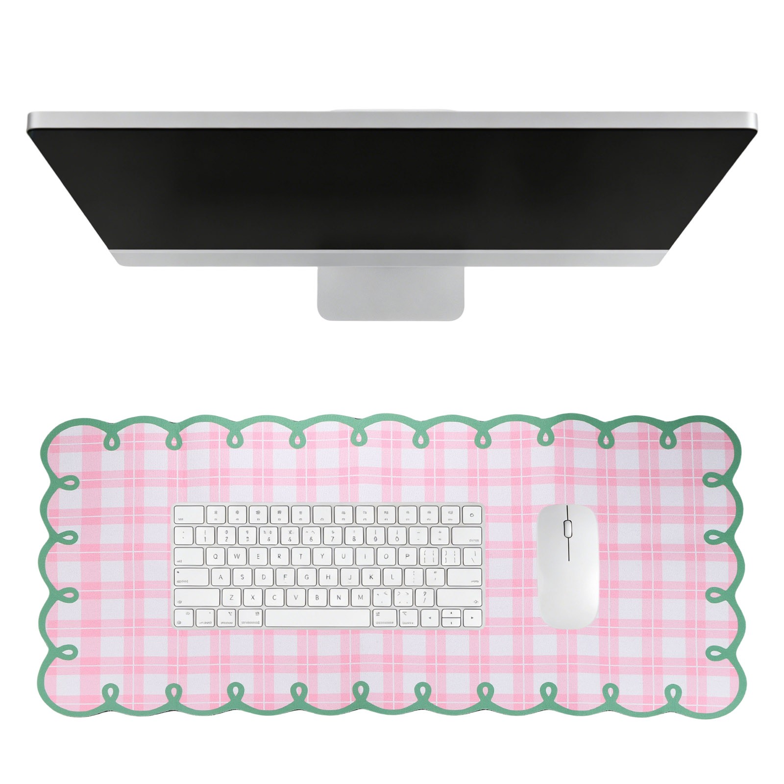 Scalloped Desk Mat, 35.4 x 15.7" Checkered Large Mouse Pad, Pink Green