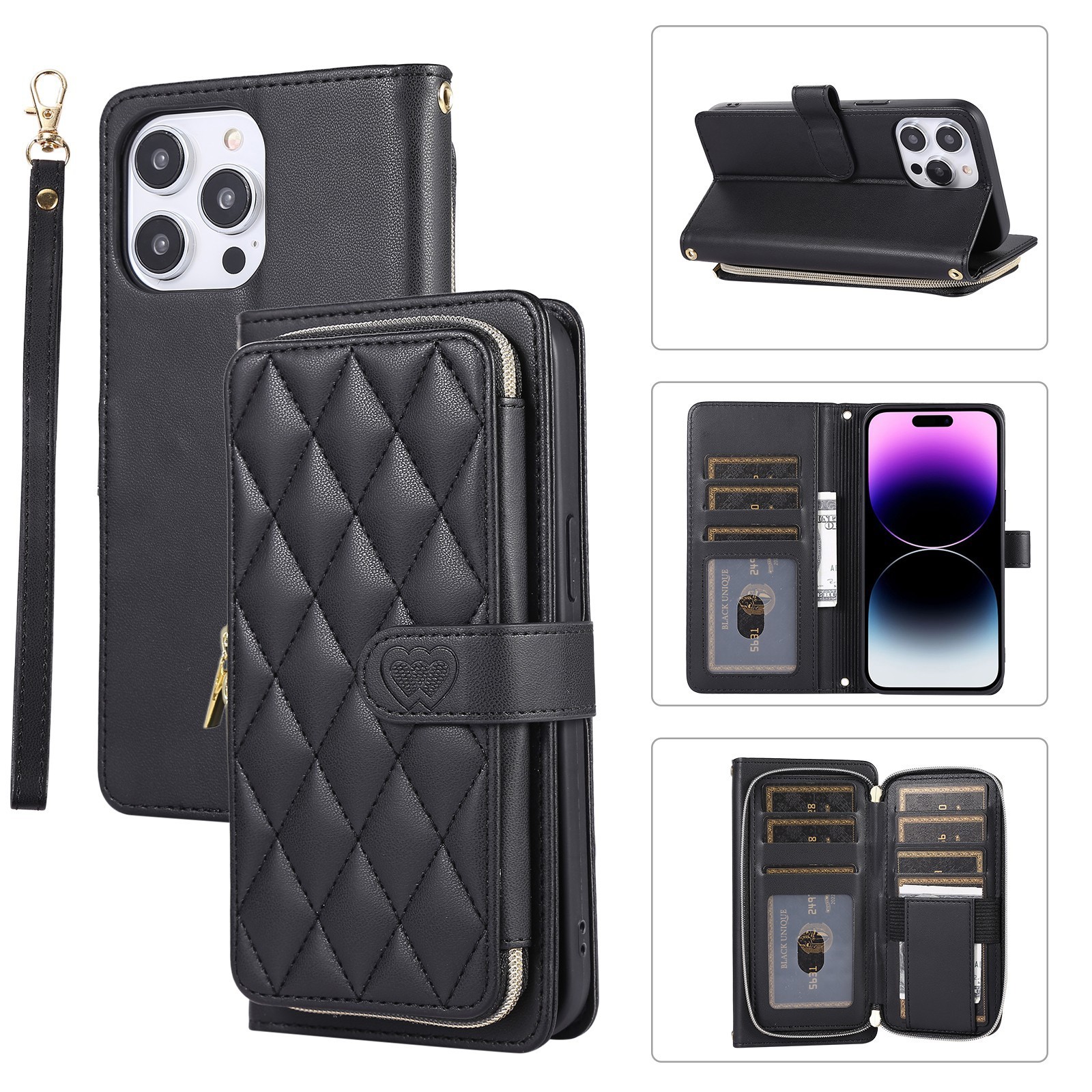 Zip Grid Leather Wallet Phone Case For Samsung S26 S25 S23 S22 S24 S21 Note 20 9