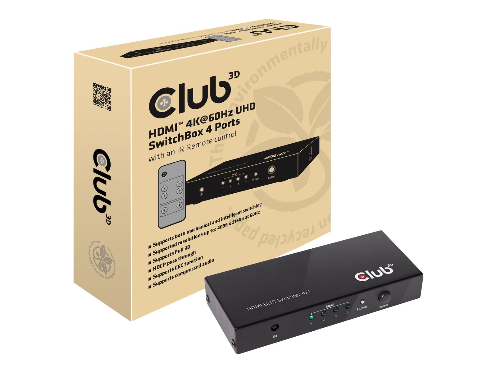 Club 3D SenseVision HDMI 2.0 UHD Switchbox Network Switch 4-Port CSV-1370
