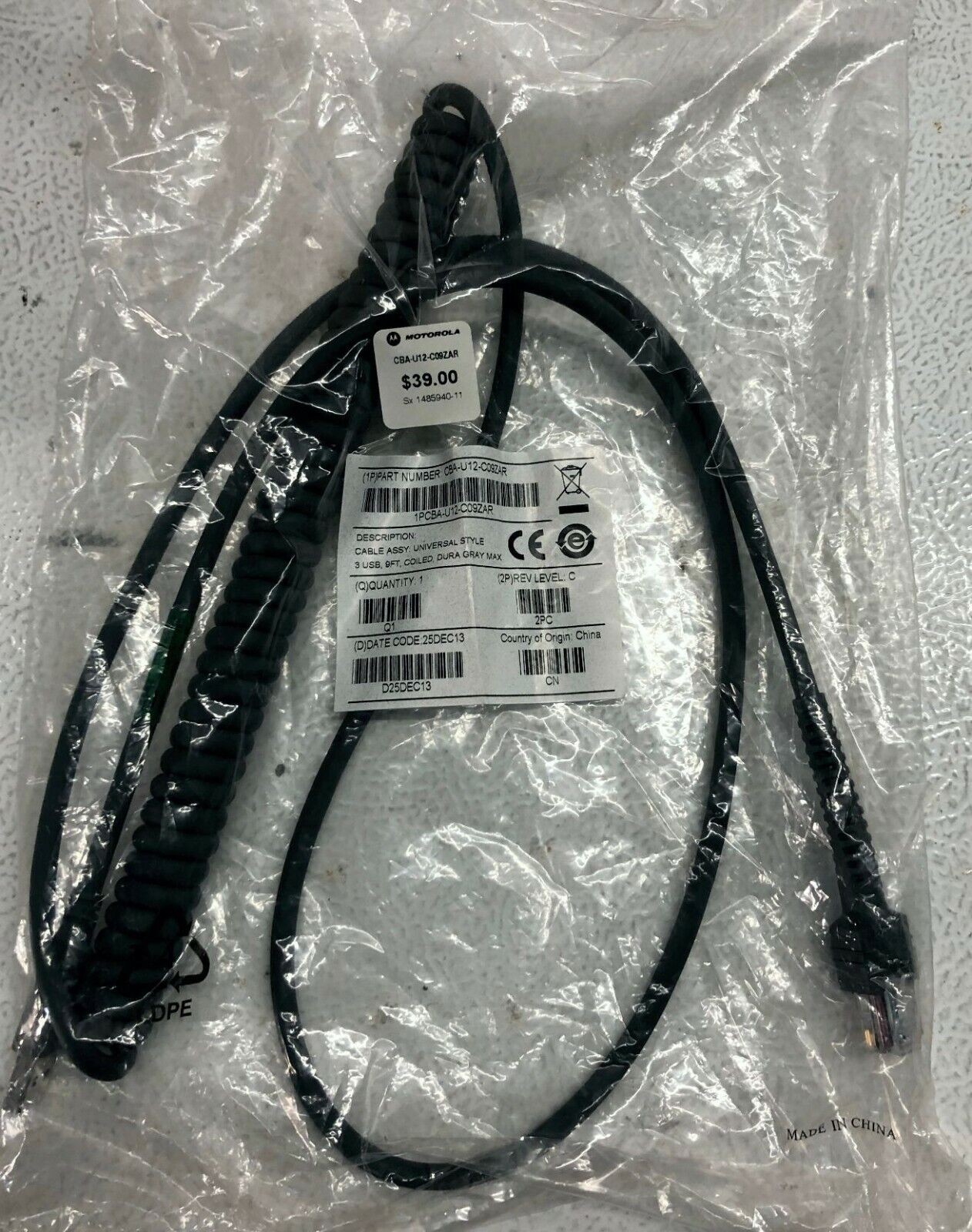 Zebra Motorola CBA-U12-C09ZAR 9ft Coiled Shielded Type A USB RJ45 Scanner Cable