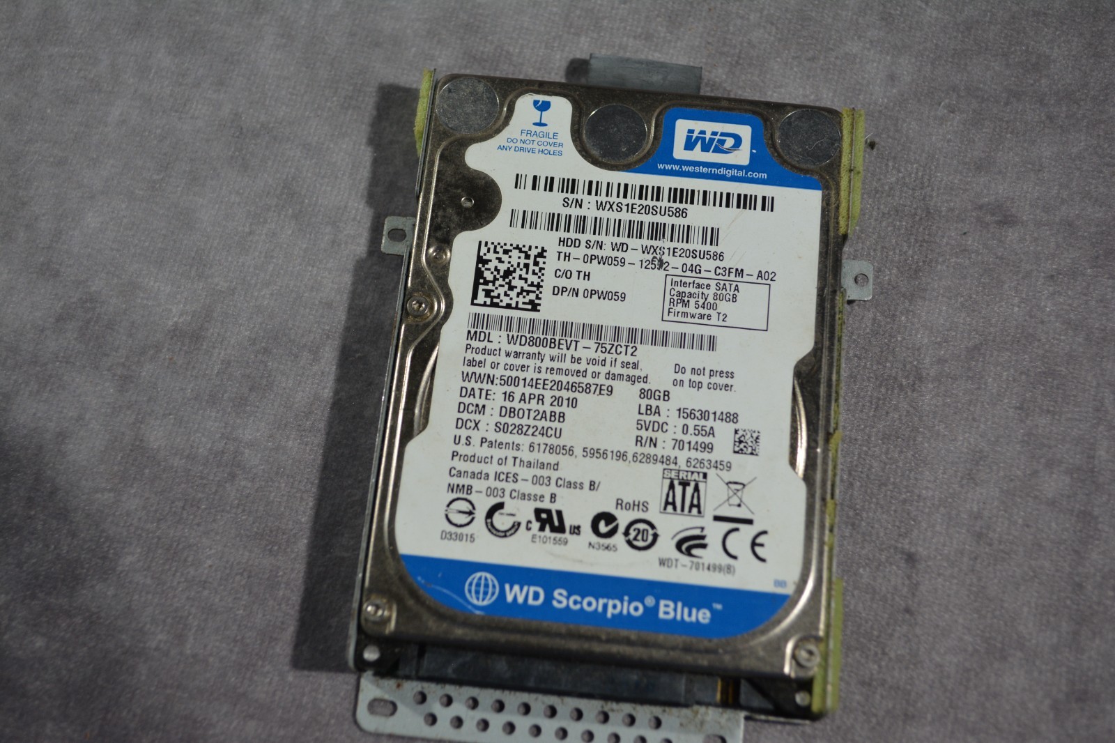WESTER DIGITAL HARD DRIVE WD800BEVT SATA 2.5 80GB (TESTED)