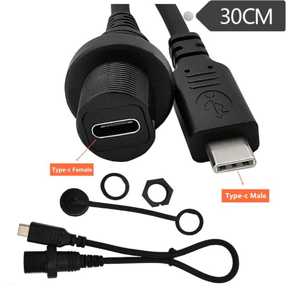 USB Type C 3.1 Flush Mount Cable Waterproof Kit Car Dash Panel Mount Motorcycle