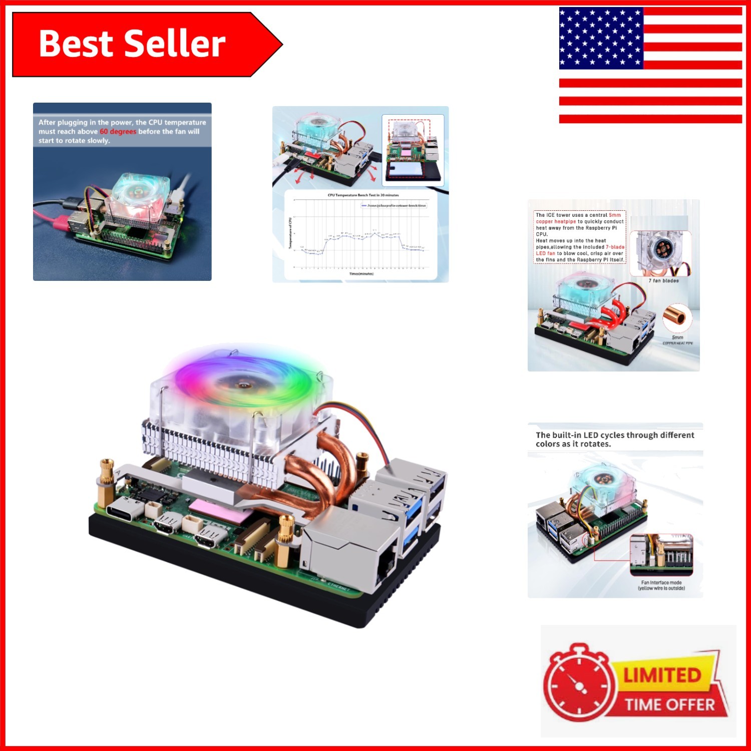 Efficient 4-Pin CPU Cooler for Raspberry Pi 5 - Aluminum & Color-Changing LED