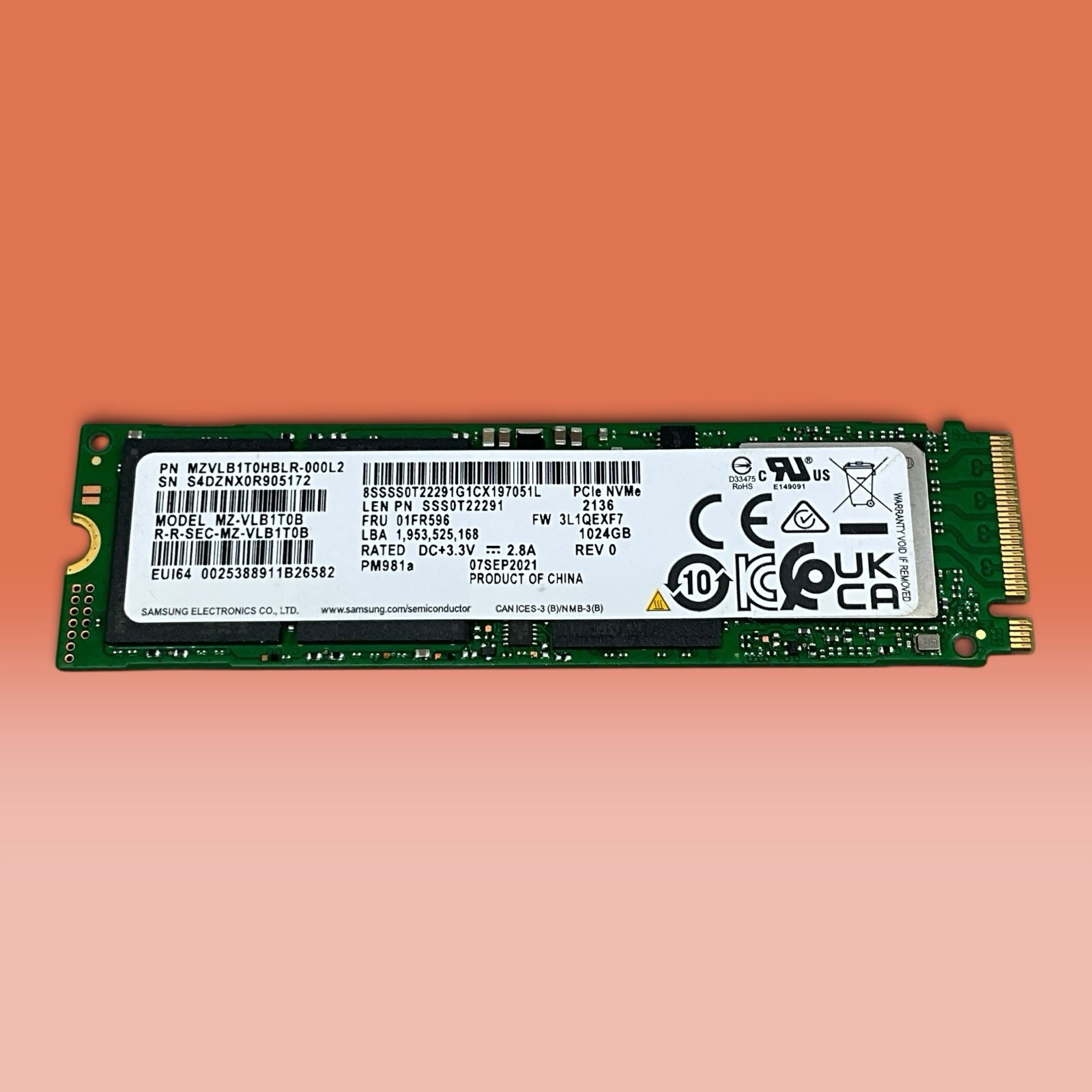 Samsung PM981a 1TB PCIe NVMe SSD  MZ-VLB1T0B GOOD HEALTH