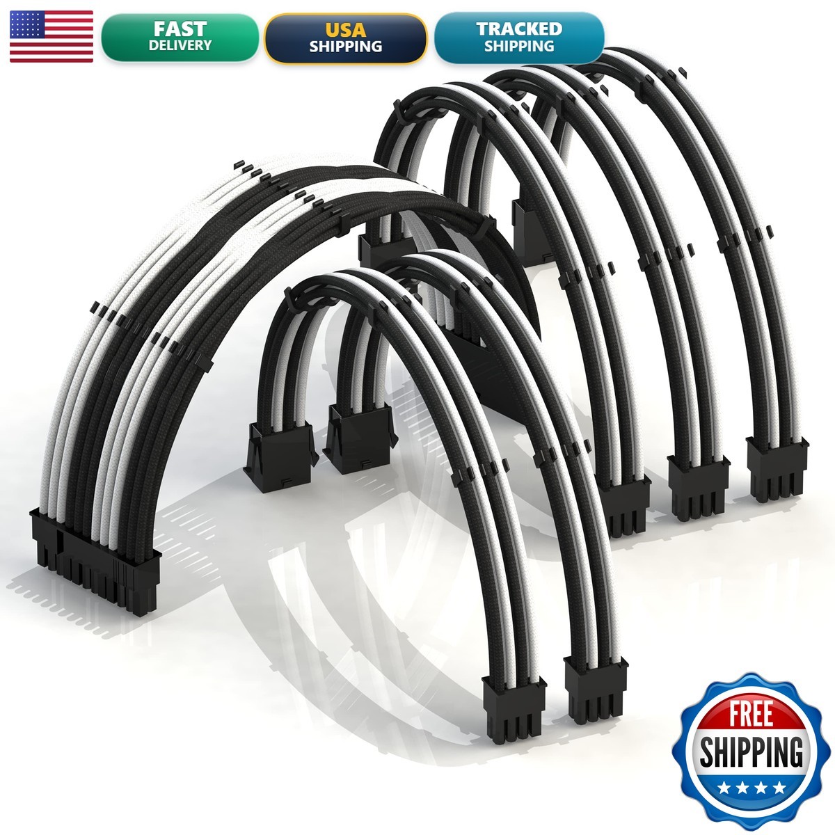 LINKUP ATX 24-Pin PSU Extension Cable Braided Sleeved, 50cm, Black/White 200