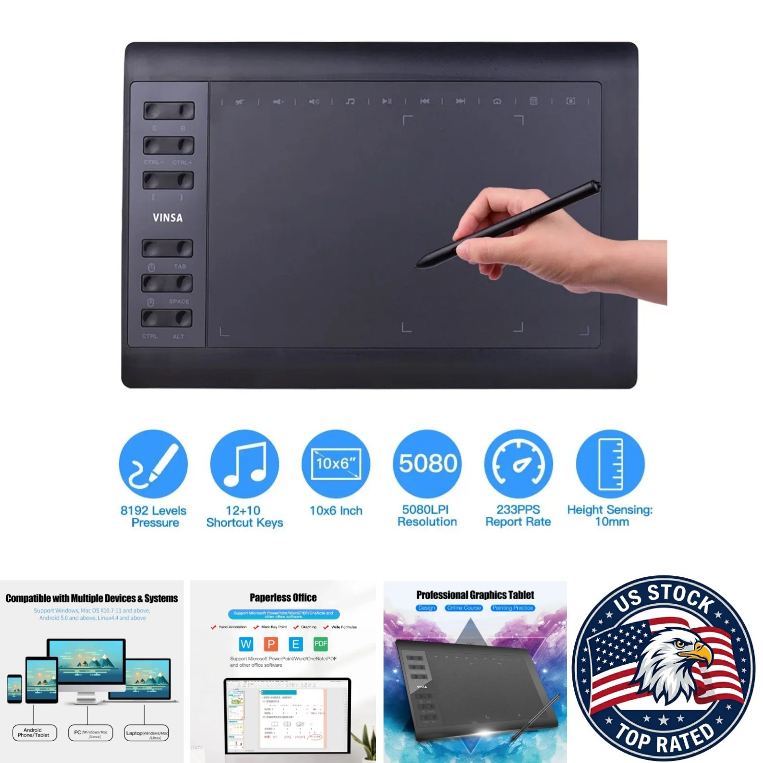10x6 Inch Graphics Drawing Tablet 12 Express Keys - 8192 Pressure Levels - Black