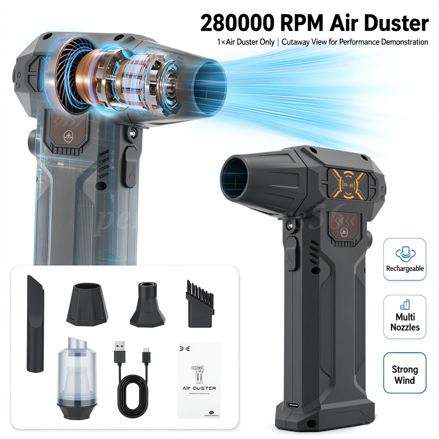 Compressed Air Duster 3Speed 280000 RPM Electric Mini Turbo Fan Vacuum Cleaner