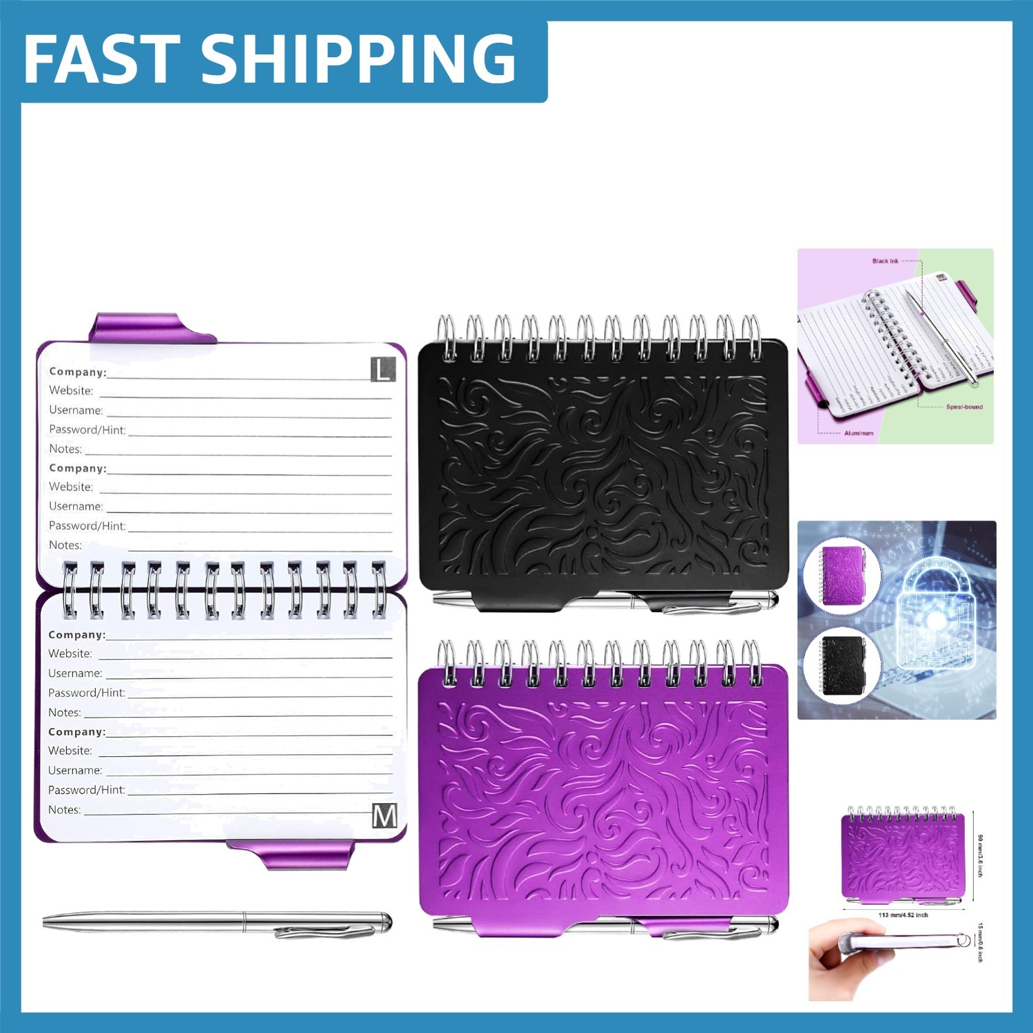Chic 2-Piece Password Keeper Set with Pen Holder - Black & Purple Designs