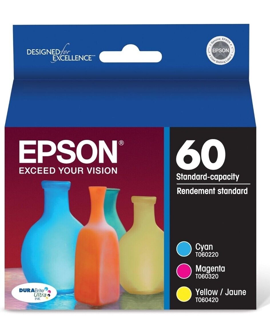 Epson 60 Cyan Magenta Yellow Standard Yield Ink Cartridge, 3 Pack, Expired