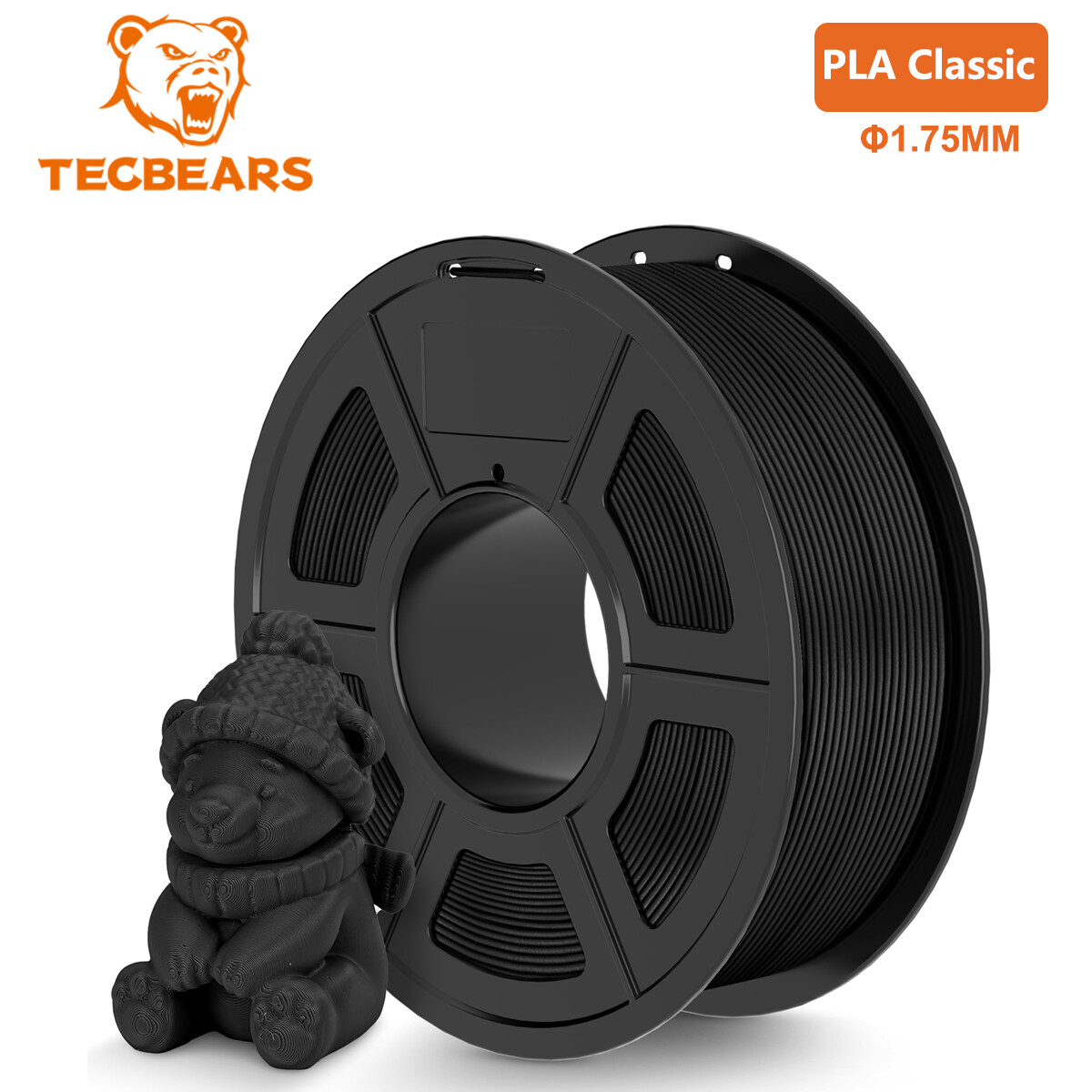 TECBEARS PLA 3D Printer Filament 600mm/s PLA Classic Filament 1.75mm 1KG Black