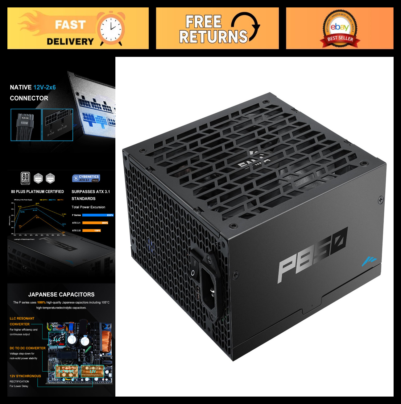 850W Fully Modular ATX Power Supply - 80 Plus Platinum, PCIe 5.1, Zero RPM Fan