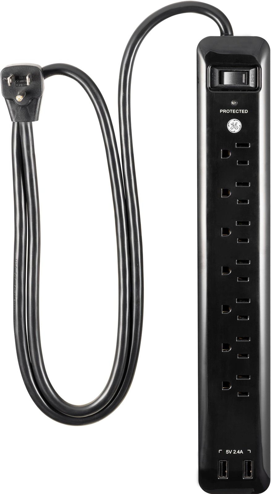 GE UltraPro 7-Outlet Surge Protector 2 USB 4ft 1500J Flat Plug Black 40482