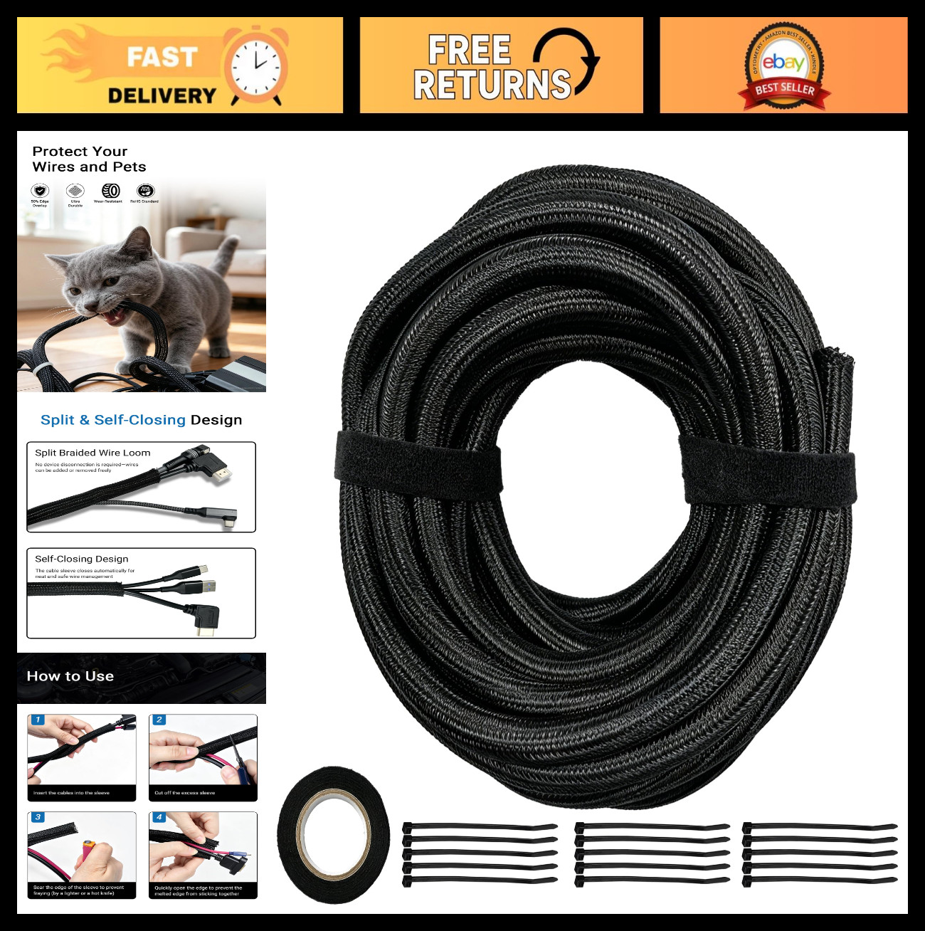 25FT Braided Wire Loom Tubing 1/4" Self-Wrapping Cable Sleeve | Flexible Cord Ma