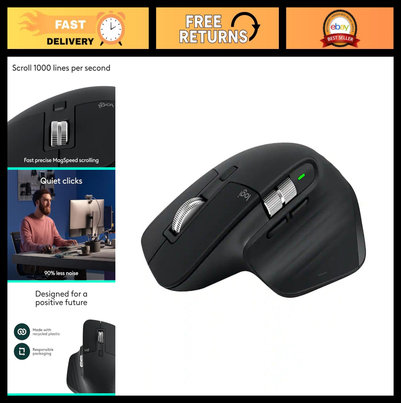 Wireless Performance Mouse - Bluetooth, Ultra-Fast Scrolling, 8K DPI, Ergo Desig