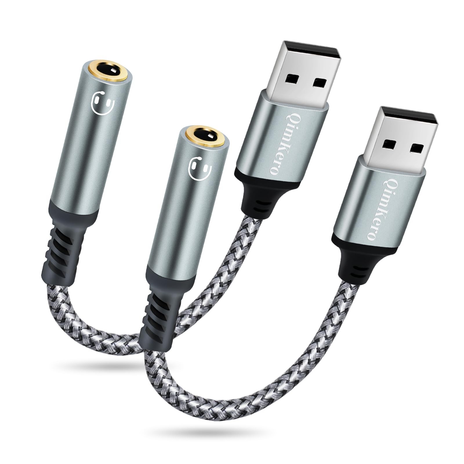 (2-Pack) QimKero External Stereo Sound Card, USB-A to 3.5mm Standard, Gray