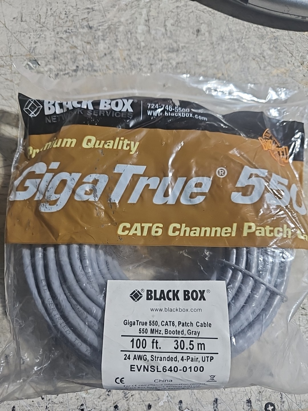 NEW EVNSL640-0100 BLACK BOX 100FT GIGATRUE 550 CAT6 PATCH CABLE @86