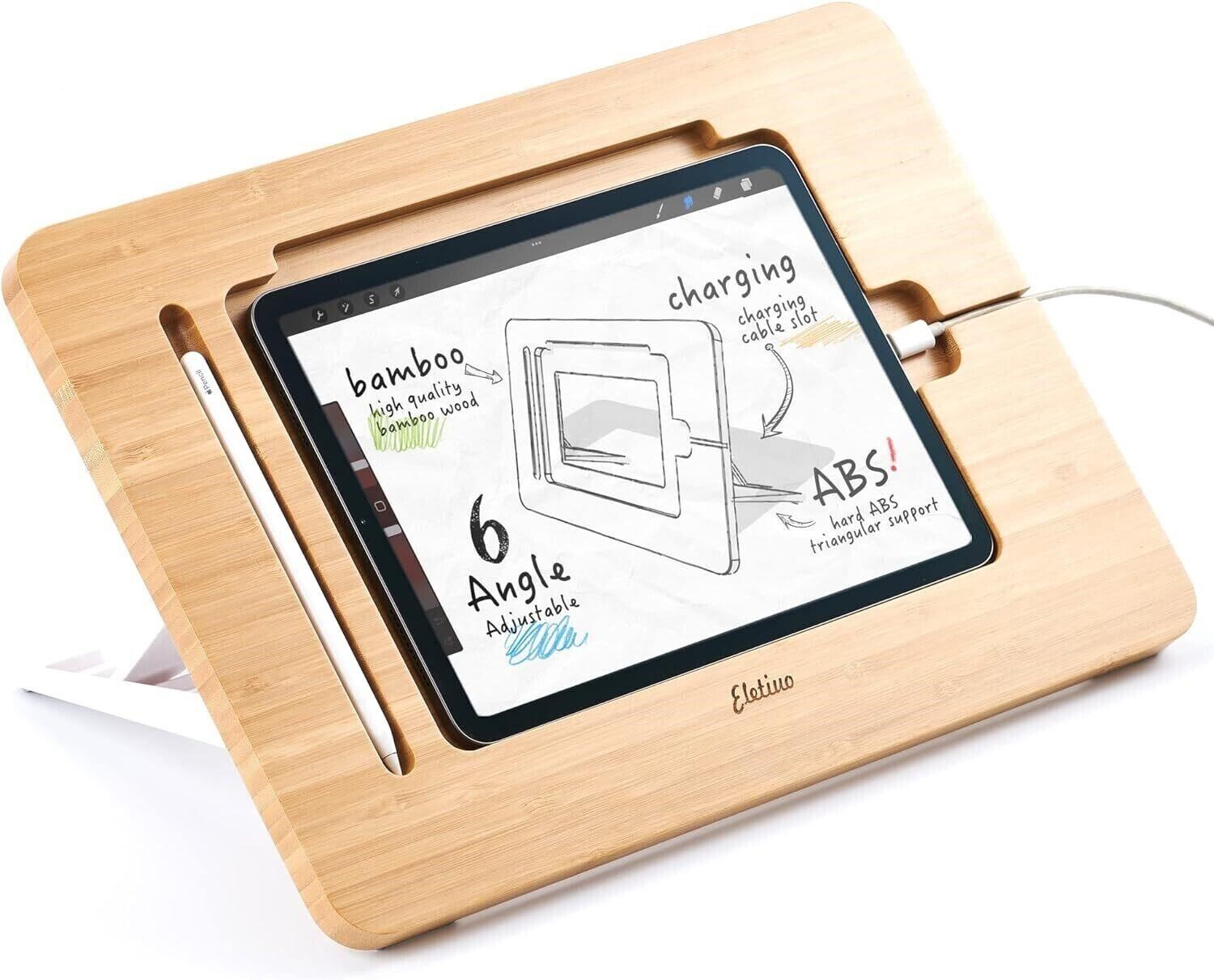 ELETIUO Adjustable Tablet Stand-Bamboo, 9.7-11 inch Tablets, Drawing, 6 Angle