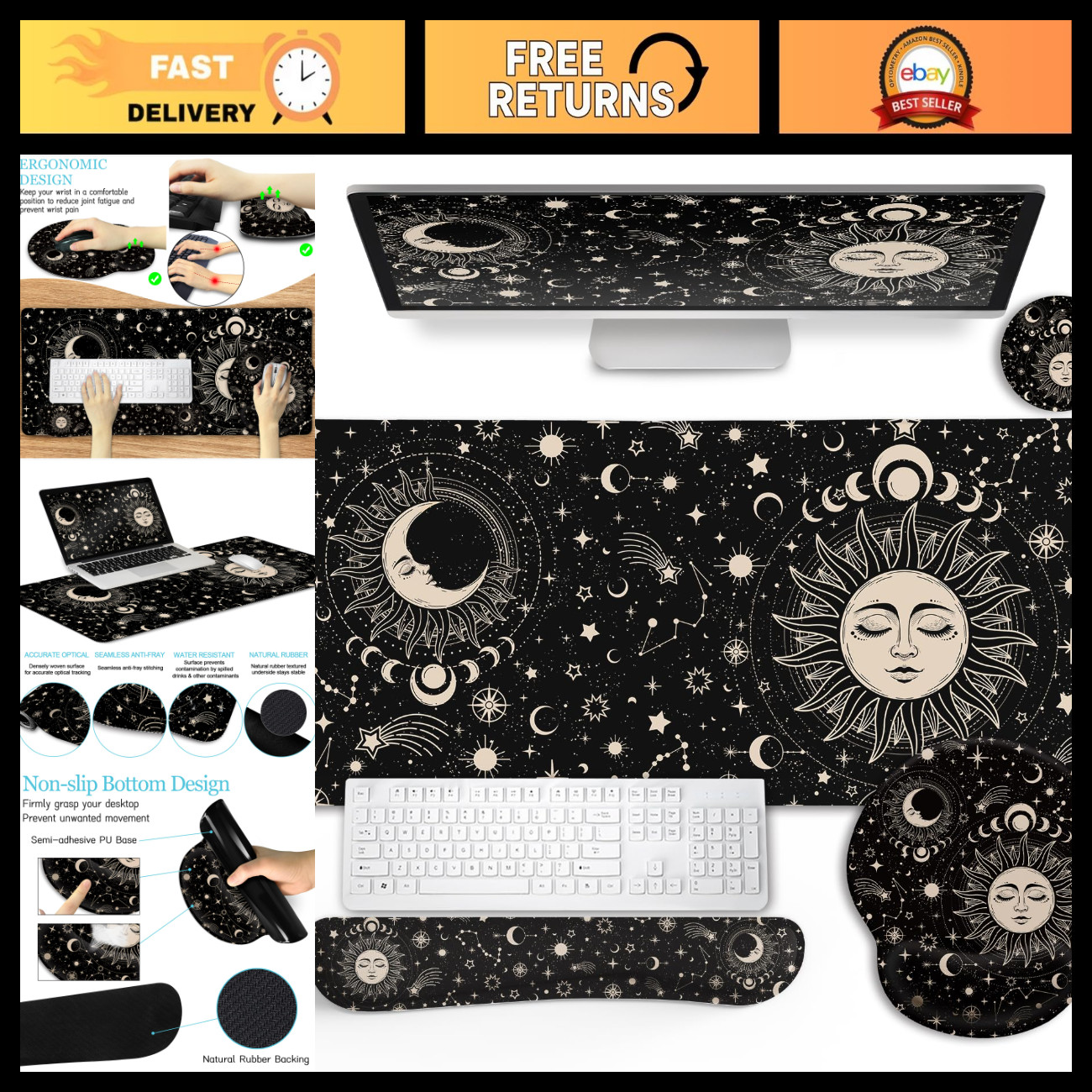 Large Boho Mouse Pad Set, Sun Moon Desk Mat, Stylish Desk Accessories for Home O