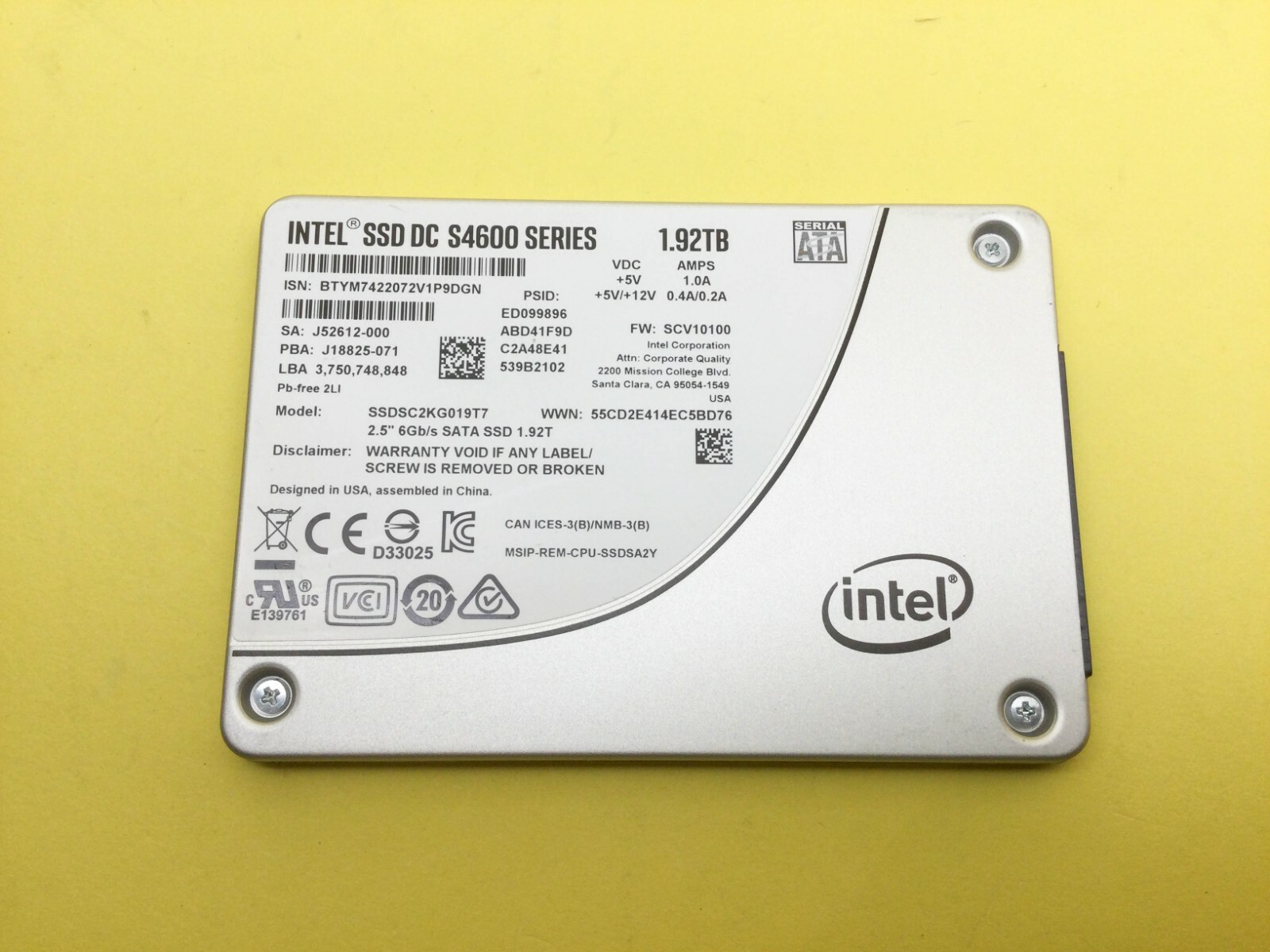 INTEL DC S4600 SERIES 1.92TB SATA 6Gb/s 2.5IN SSD SSDSC2KG019T7
