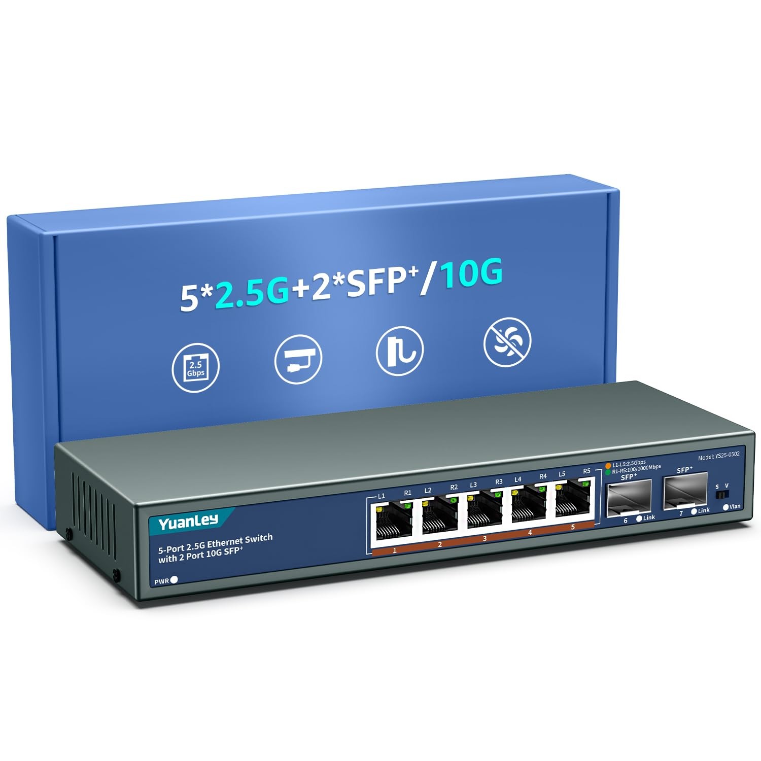 7 Port 2.5G Unmanaged Ethernet Switch, 5 x 2.5G Base-T Ports, 2 x 10G SFP, Co...