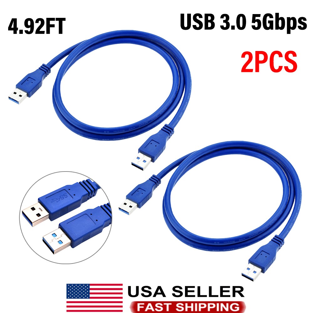 2PC USB 3.0 A Male to A Male USB Cable High Speed Data Transfer Cord Blue 1.5m