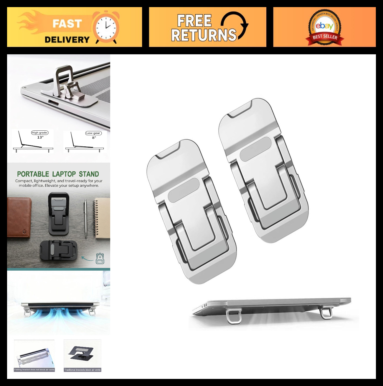 2PCS Portable Laptop Stand & Cooling Pad, Foldable Metal Keyboard Holder, Silver
